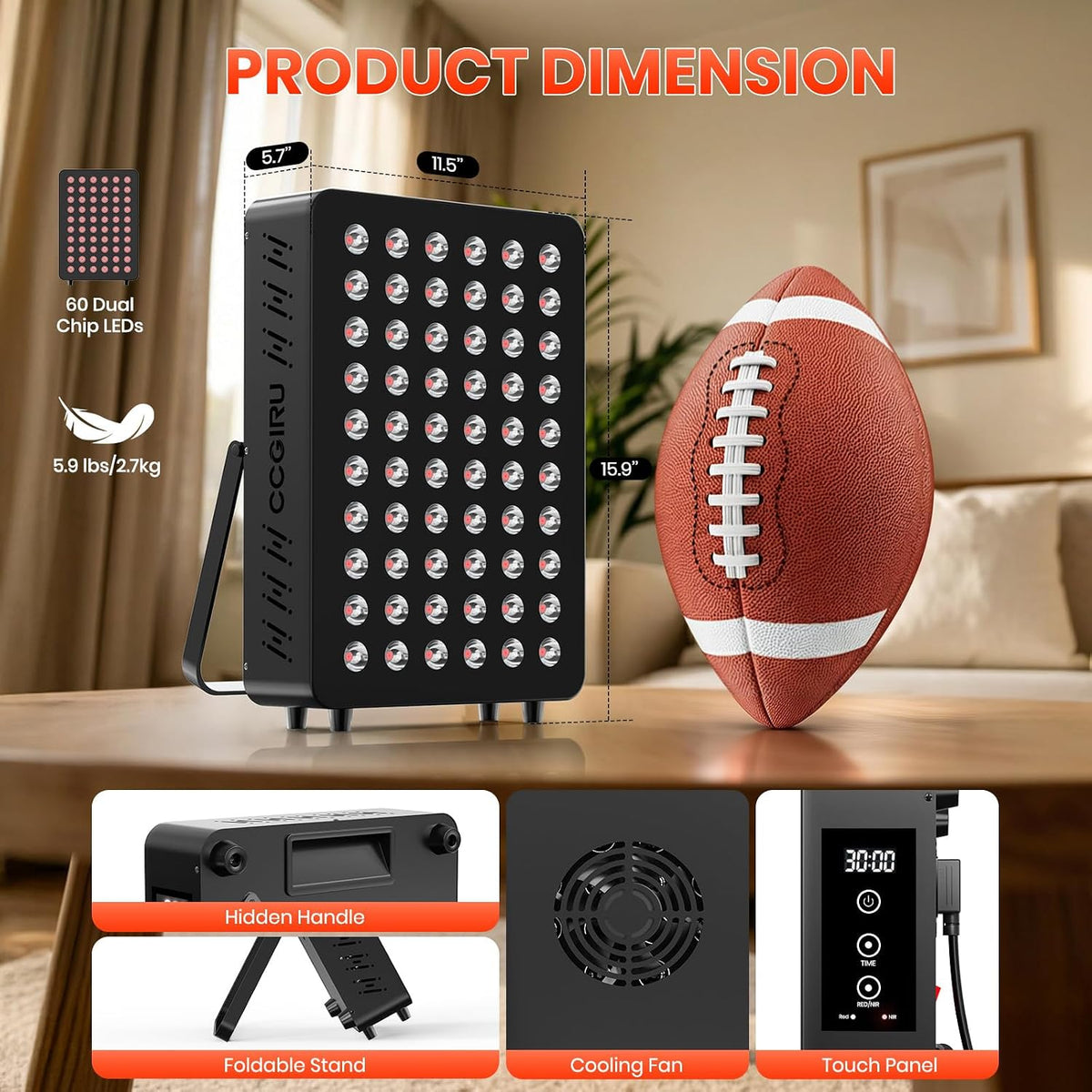 Red Light Therapy Panel, 660Nm Red & 850Nm near Infrared Light Therapy Device for Body Face with 60 Dual Chip Leds, Timer, Adjustable Stand & Hidden Handle,Upgraded High Power Red Light Therapy Device