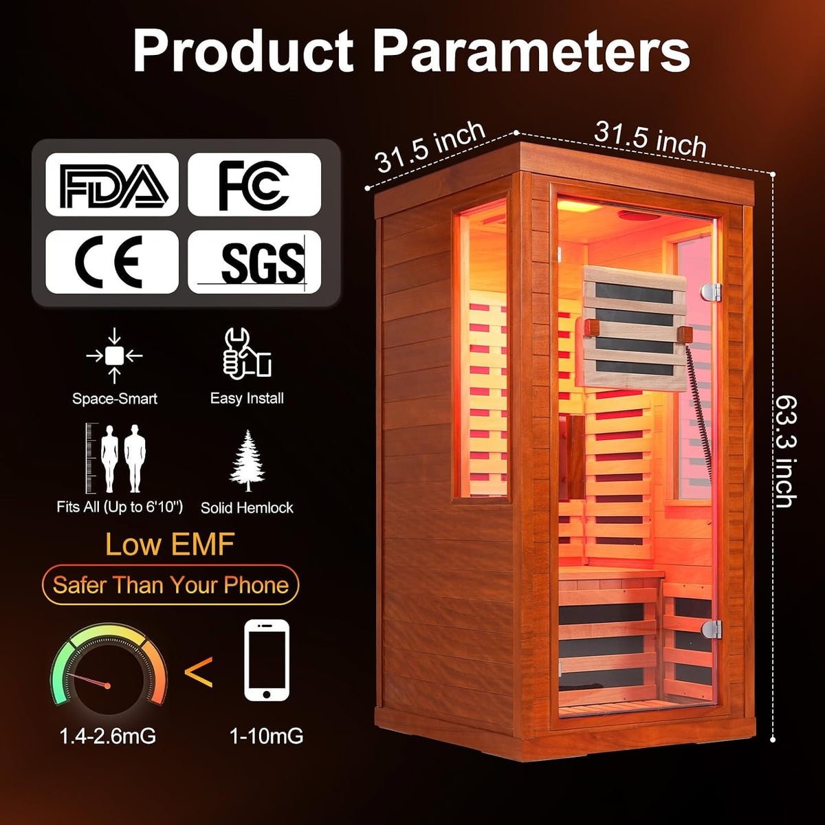 Full Spectrum Infrared Sauna with 660Nm & 850Nm Red Light Therapy | 1.4 Mg Ultra Low EMF, Fast Heat-Up, Canadian Hemlock, 7 Carbon Fiber Heaters, Easy Assembly, 1170W 110V
