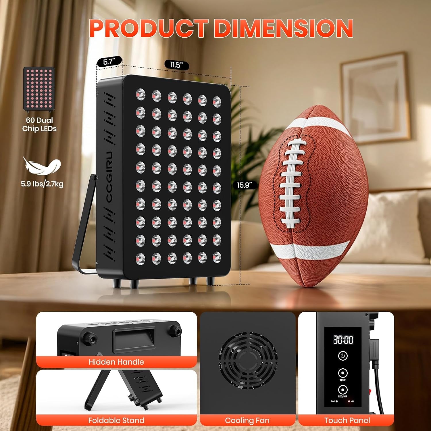 Red Light Therapy Panel, 660Nm Red & 850Nm near Infrared Light Therapy Device for Body Face with 60 Dual Chip Leds, Timer, Adjustable Stand & Hidden Handle,Upgraded High Power Red Light Therapy Device