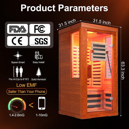 Full Spectrum Infrared Sauna with 660Nm & 850Nm Red Light Therapy | 1.4 Mg Ultra Low EMF, Fast Heat-Up, Canadian Hemlock, 7 Carbon Fiber Heaters, Easy Assembly, 1170W 110V