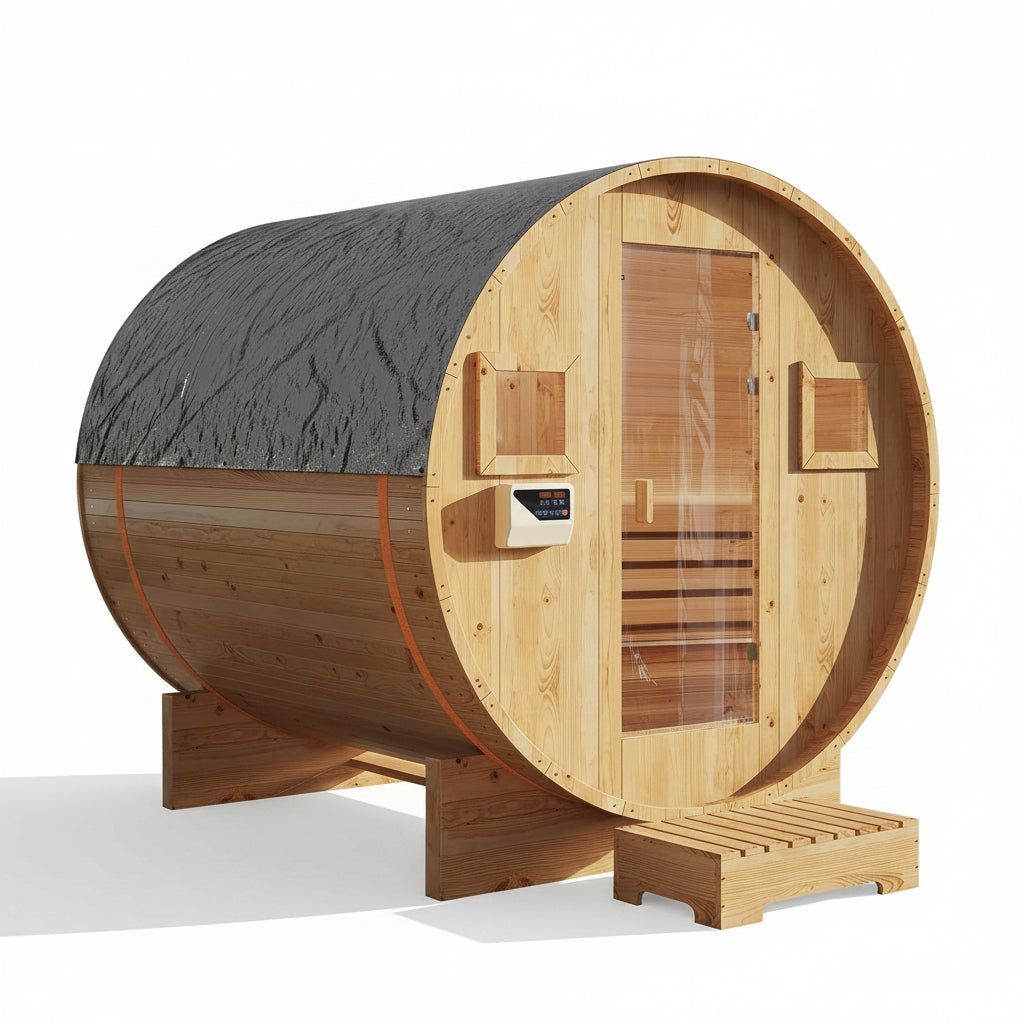 Outdoor Traditional Barrel Sauna | 4-6 Person Wood Sauna, Steam and Wet Sauna with 220V with 6KW Electric Heater, Sauna Stone
