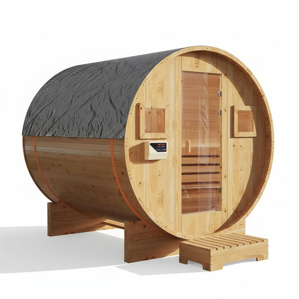 Outdoor Traditional Barrel Sauna | 4-6 Person Wood Sauna, Steam and Wet Sauna with 220V with 6KW Electric Heater, Sauna Stone