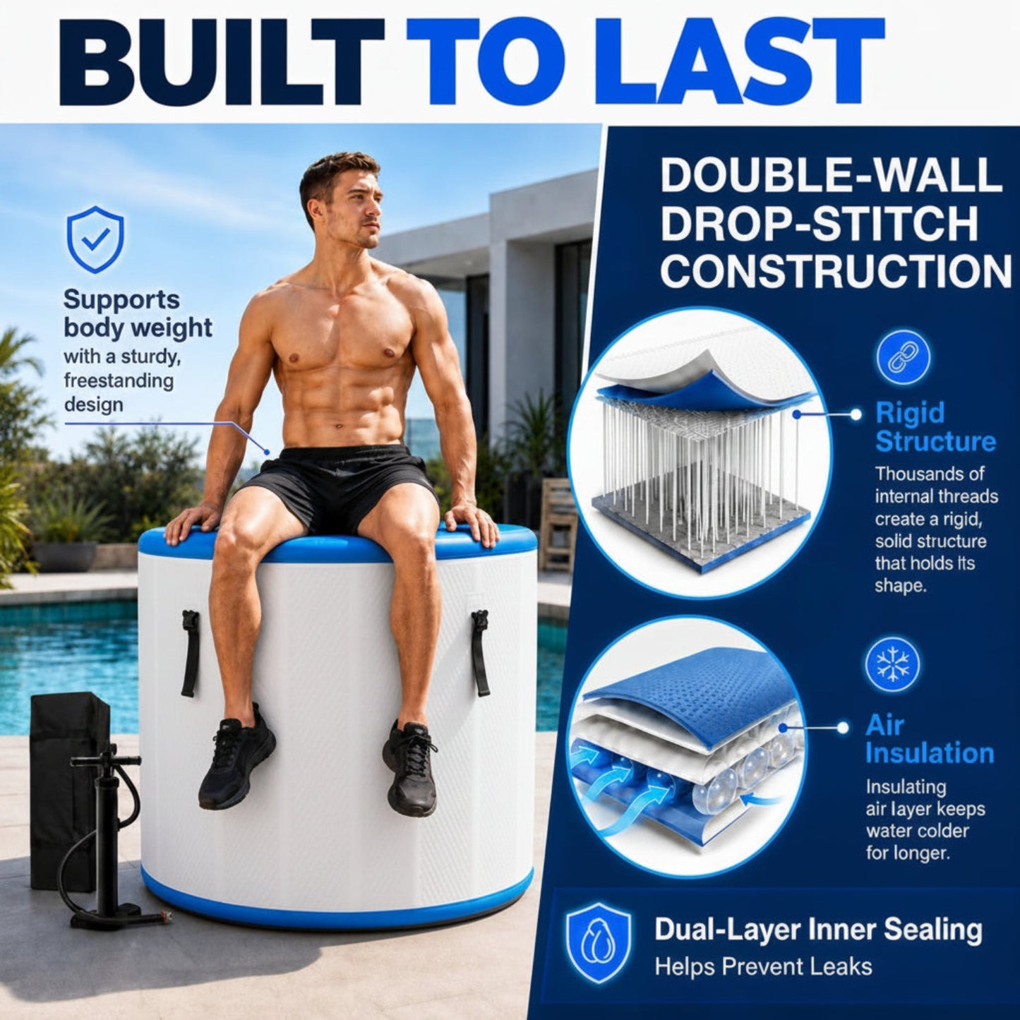 Inflatable Cold Plunge Tub Ice Bath, 85 Gal One Person Ice Bath Tub with Lid, Drop Stitch PVC, Double Layer Seals, Heavy Duty Cold Plunge for Athletes